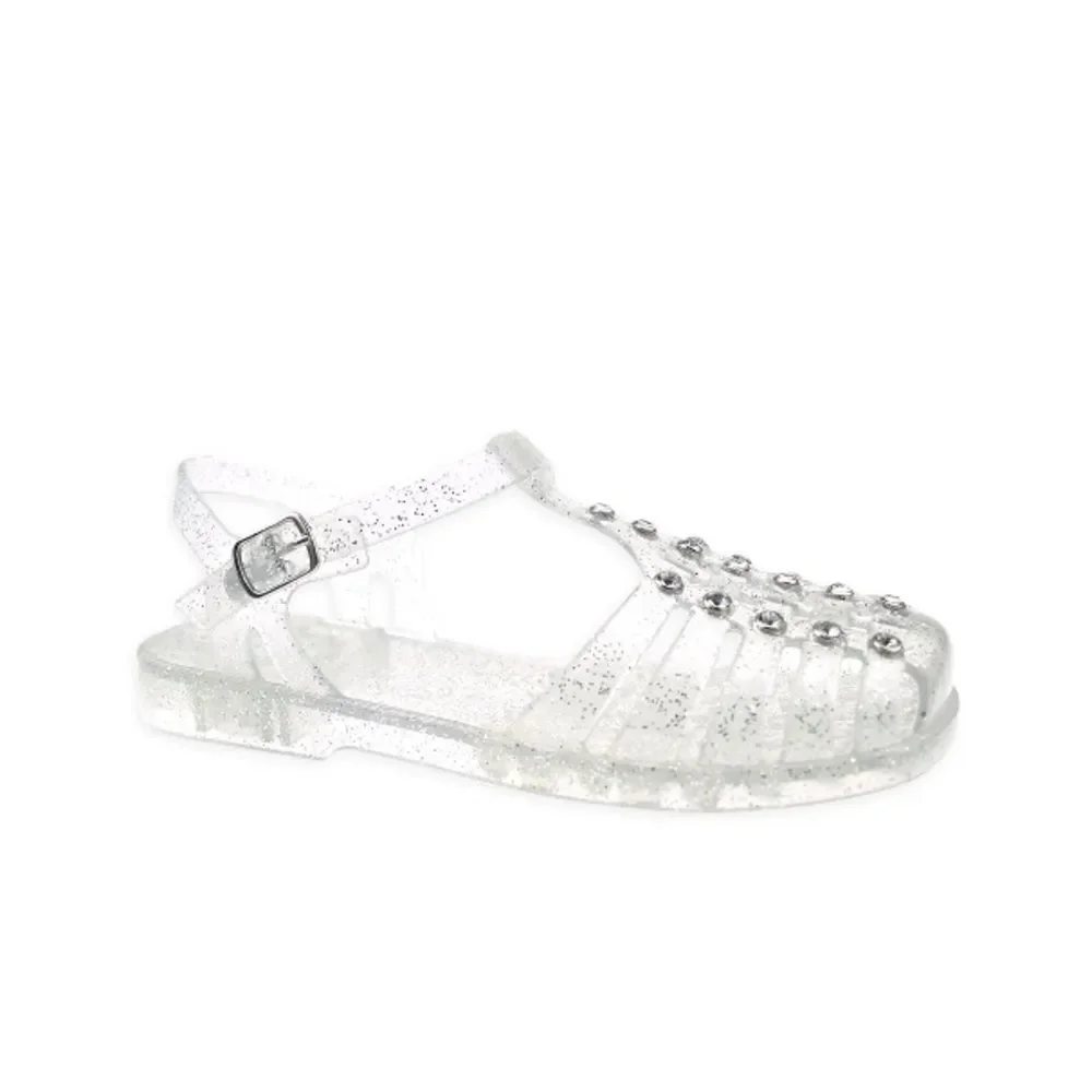 Little Girl's Crystal Jelly Silver Glitter Studded Sandals Shoes Size 2